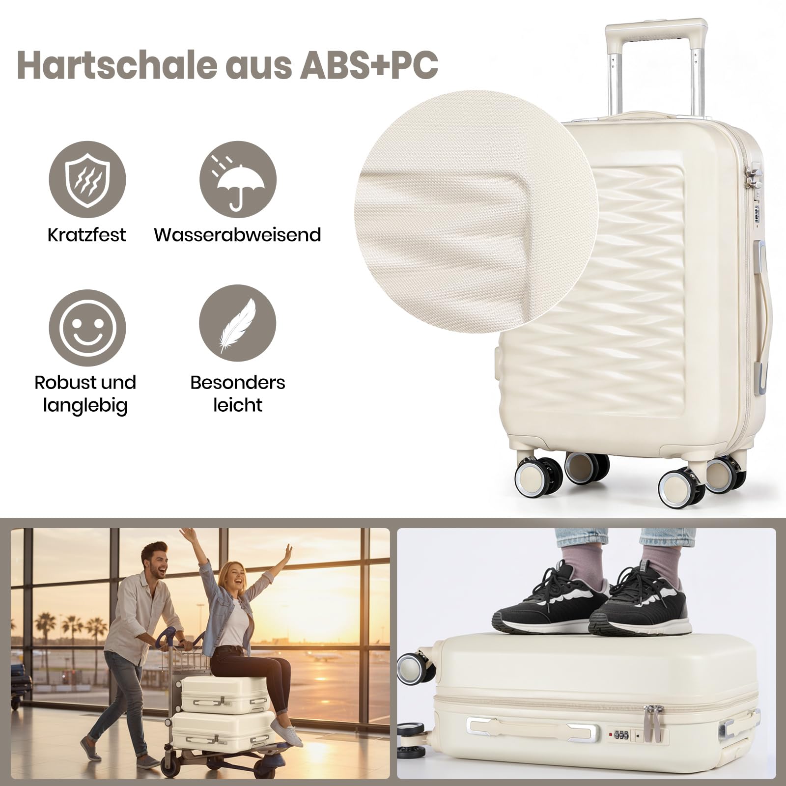 Zestawy walizek z kosmetyczką lekka walizka podróżna ABS + PC twarda skorupa z kołami obrotowymi, biały, 4 Piece Set, Nowoczesna twarda strona