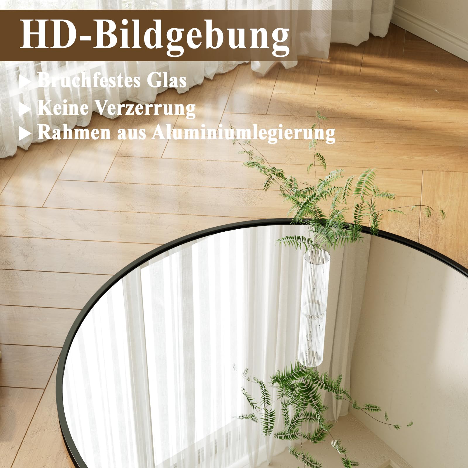 Spiegel Rund Schwarz 122cm, runder Wandspiegel mit Aluminiumrahmen, Einfache Montage, Modern Spiegel zum Aufhängen und Anlehnen für Badezimmer, Wohnzimmer, Schlafzimmer