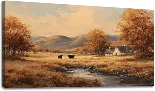 24"x 48" Fall Canvas Wall Art Highland Cow Rustic Vintage Forest Landscape Farmhouse Autumn Framed Pictures Painting Print Large Wall Art for Living