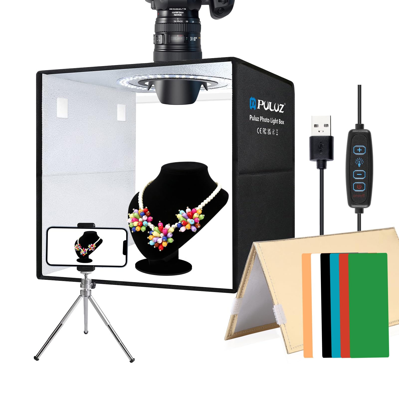 PULUZ 12''×12'' Portable Photography Light Box,Dimmable Photo Studio Light Box with 120 High CRI LED Lights & 6 PVC Backdrops & 3 Reflection Boards for Small Items Product Photography