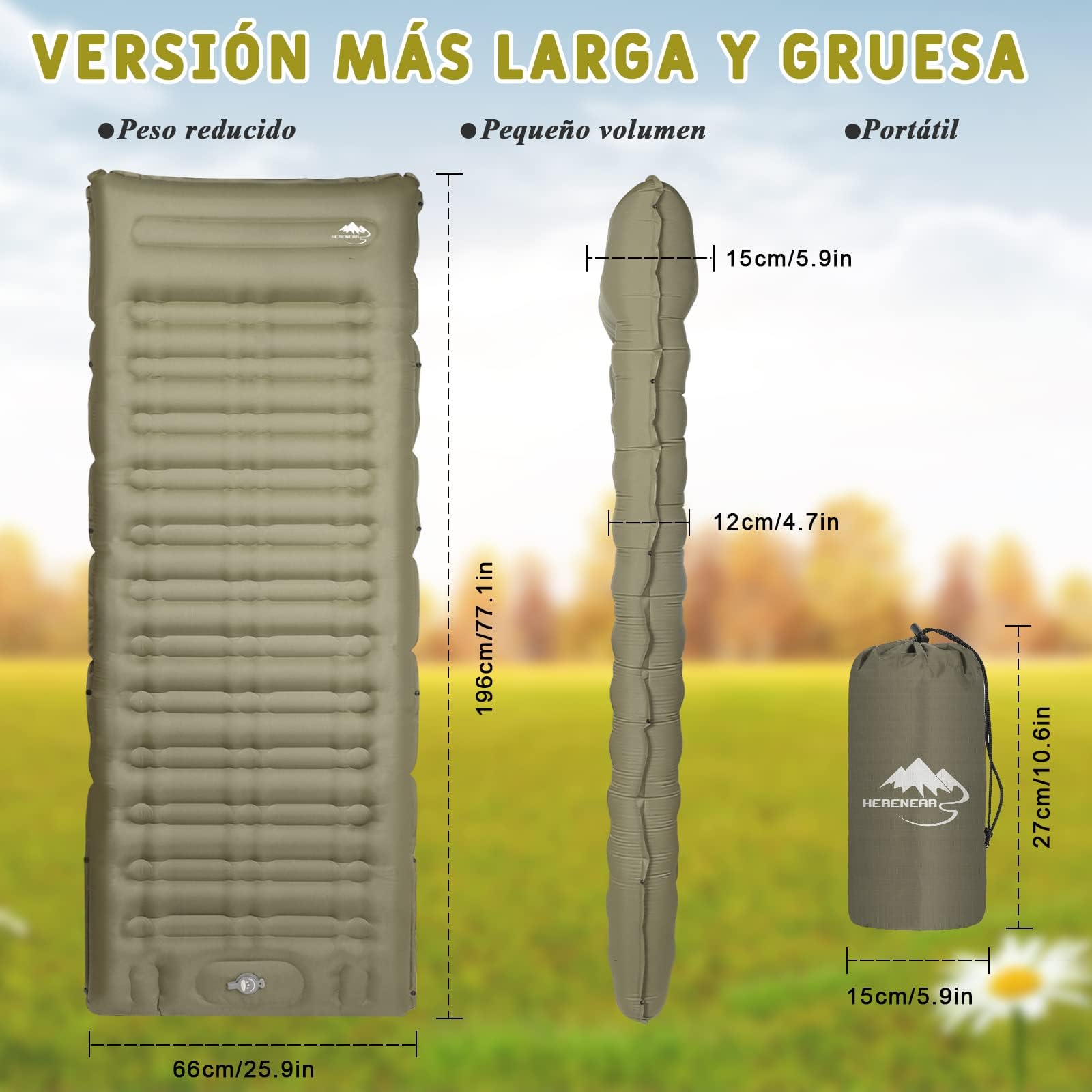IEEILULU Esterilla Camping Autoinflable, Colchoneta de Camping con Almohada, Impermeable, Ligera, Colchoneta de Dormir, Colchoneta Inflable para Acampar, Senderismo, Pesca y Viajes (Verde Oscuro)