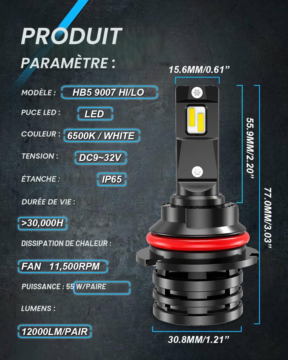 KaTur 9007 HB5 Hi/Lo Poutre Ampoules de phare à leds Mini conception améliorée Puces 12000 lumens Kit de conversion de phares étanche tout-en-un à LED 55W 6500K blanc xénon-2 ans de garantie