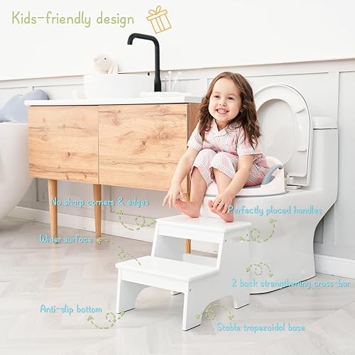 Miniatura 3 de Taburete de madera para baño de niños, taburete blanco para encimera de cocina, taburete pequeño de 2 escalones para inodoro, orinal, guardería,