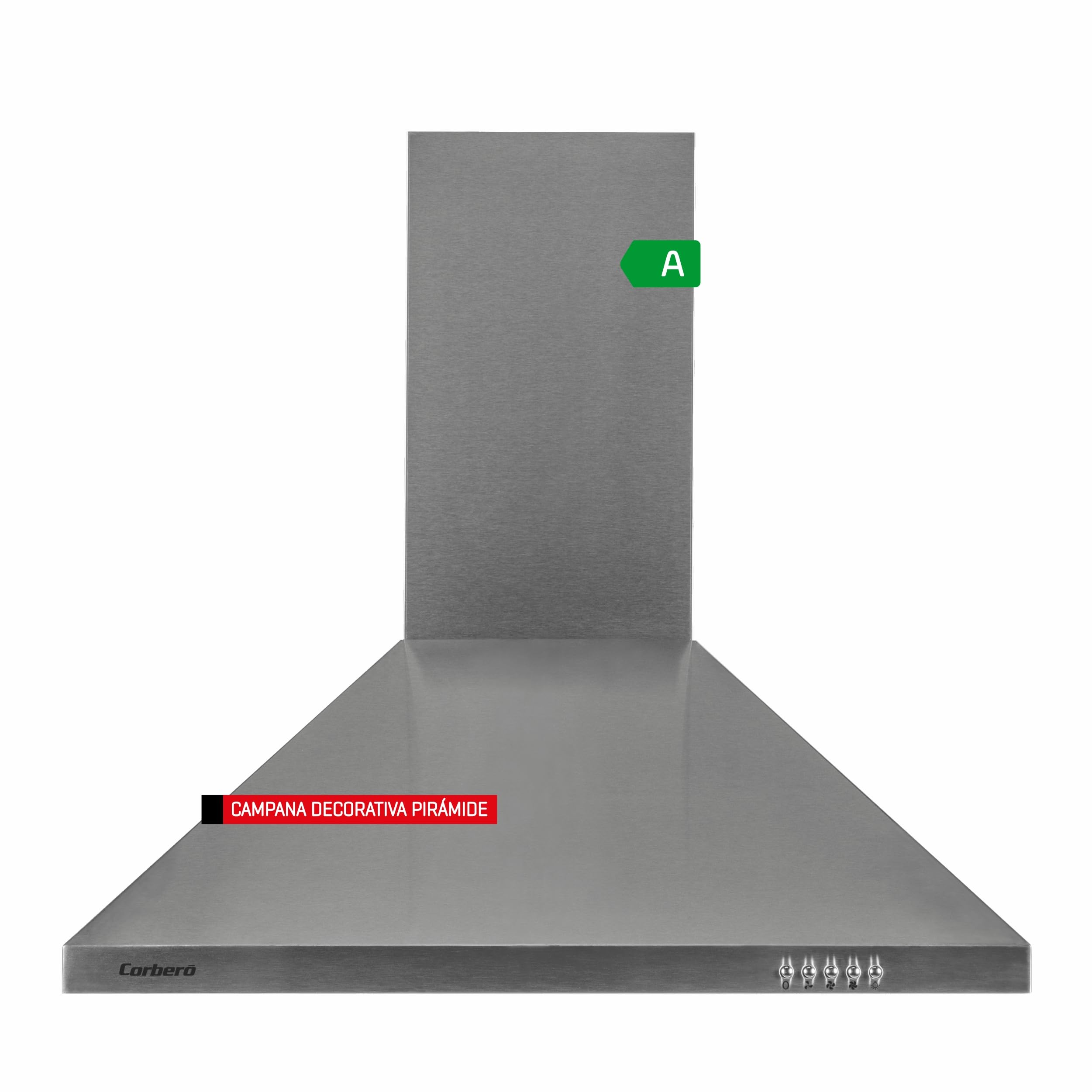 Corberó - Campana Decorativa Pirámide Inox | 70 cm | KURAMATHI760X | Caudal 621,71 m3/h | 165W | 3 Velocidades | 2 Filtros de Aluminio | Filtro de Carbon | Eficiencia Energética A, Inox