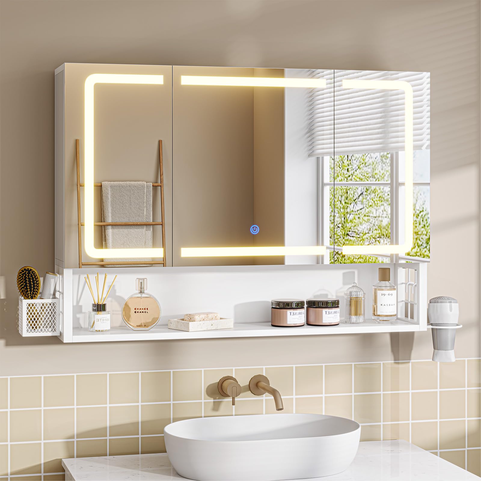 Armario Espejo Baño 80x16x60, Espejo de Baño con Luz Led y Estación de Carga, Mueble Baño con Cesta de Almacenamiento y Estante Interior Ajustable, Tres Temperaturas de Color, Control táctil