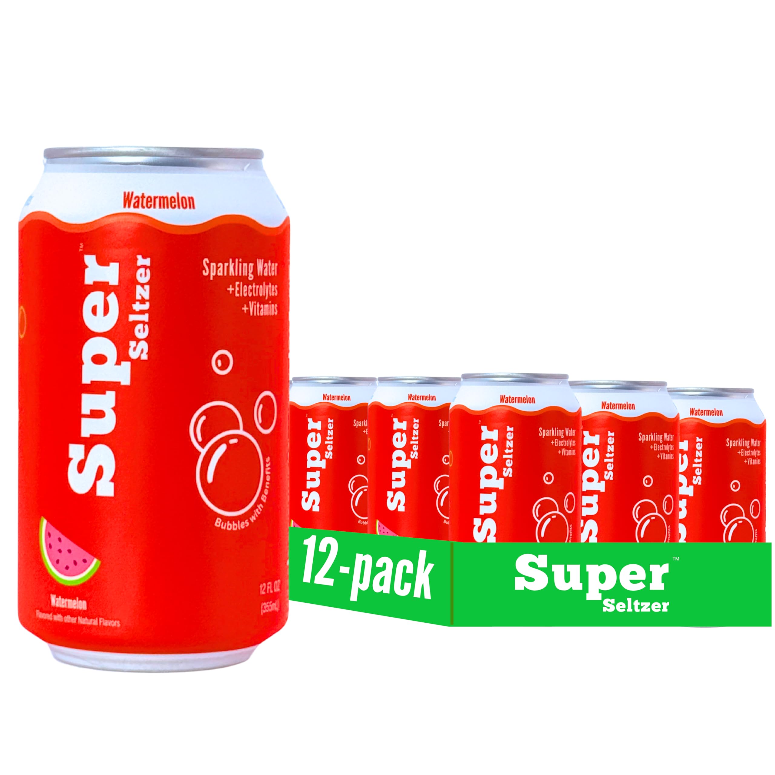 Super Seltzer Sparkling Water with Electrolytes and Vitamins, Watermelon Naturally Flavored, 12 Fl Oz, Pack of 12 cans