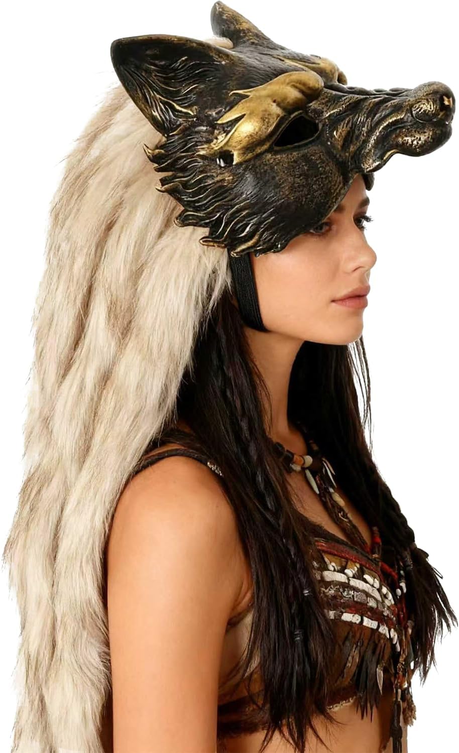 Viking Wolf Mask with Fur Barbarian Headdress Werewolf Headpiece for Halloween Cosplay