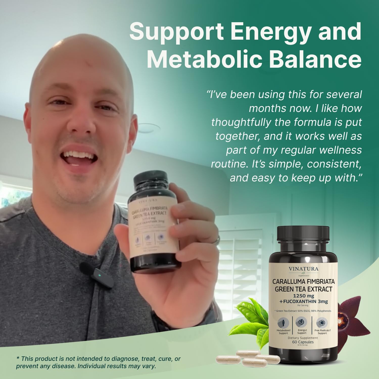 VINATURA Caralluma Fimbriata, EGCG 45% Extract 1250mg + Fucoxanthin 3mg per Serving *USA Made & Tested* for Immune Support, Energy and Mental Focus - 60 Capsules 30 Servings - Image 5