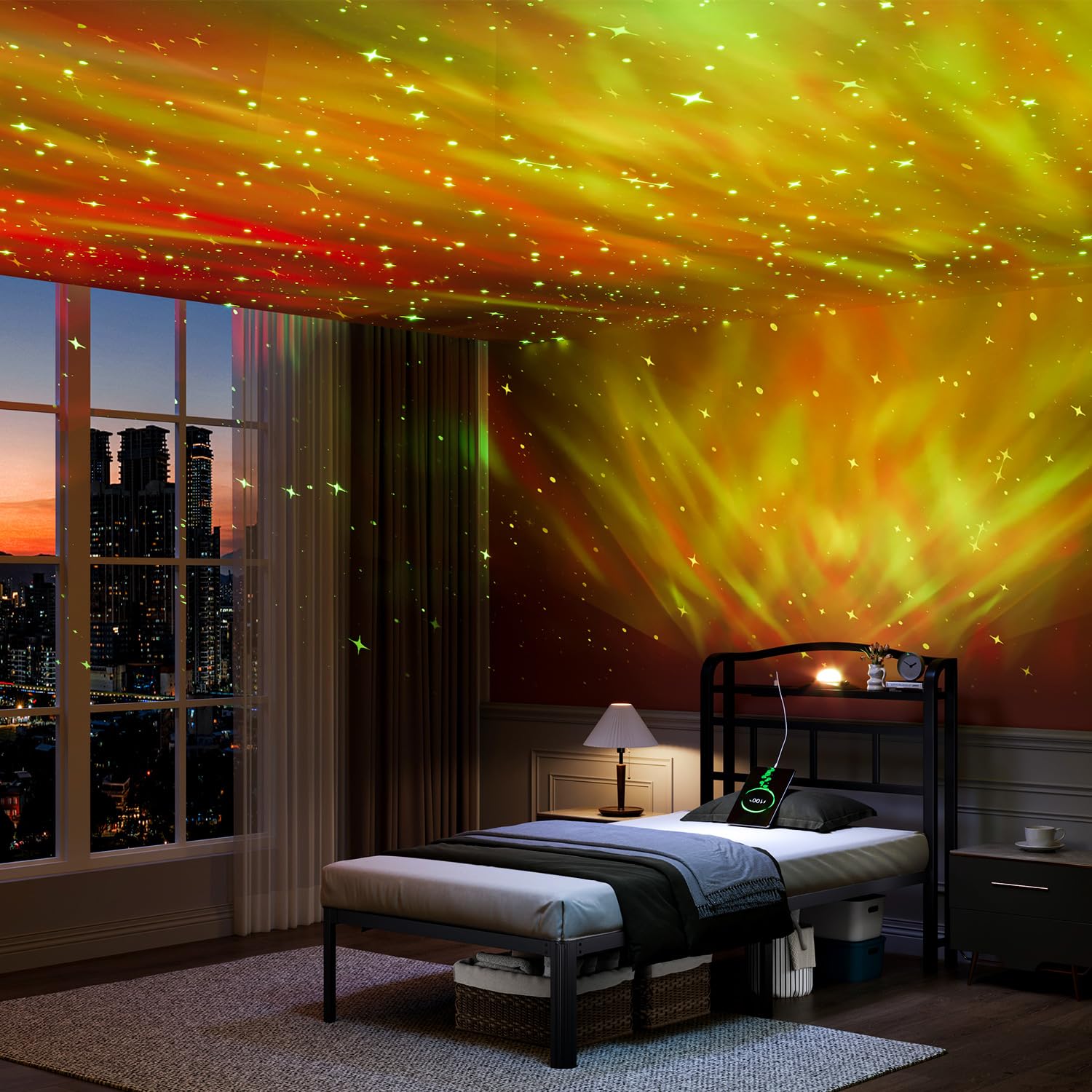 HAVONIZD Twin Size Bed Frame - Storage Headboard with Charging Station & Galaxy Aurora Projector, 14 Inch Sturdy Metal Platform Bed Frame No Box Spring Needed, Easy Assembly, No Noise, Black