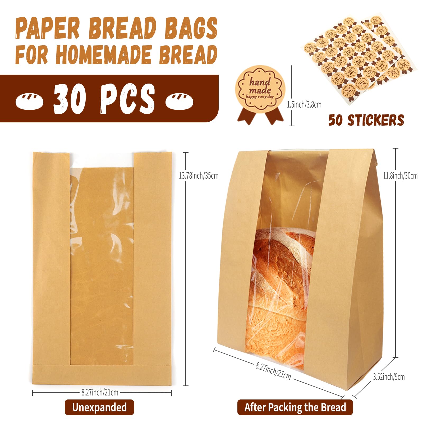 Paquete de 30 bolsas de pan grandes para pan casero de masa madre, bolsas de panadería de almacenamiento de papel kraft con ventana transparente, 50 calcomanías de sellado para sándwich de 2