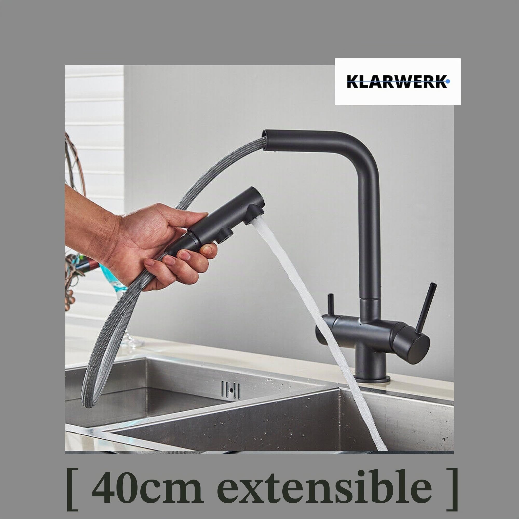 Félix - Grifo extensible de 3 vías, color negro mate, de acero inoxidable, para cocina, grifo mezclador de 360 grados, filtro de 3 conexiones