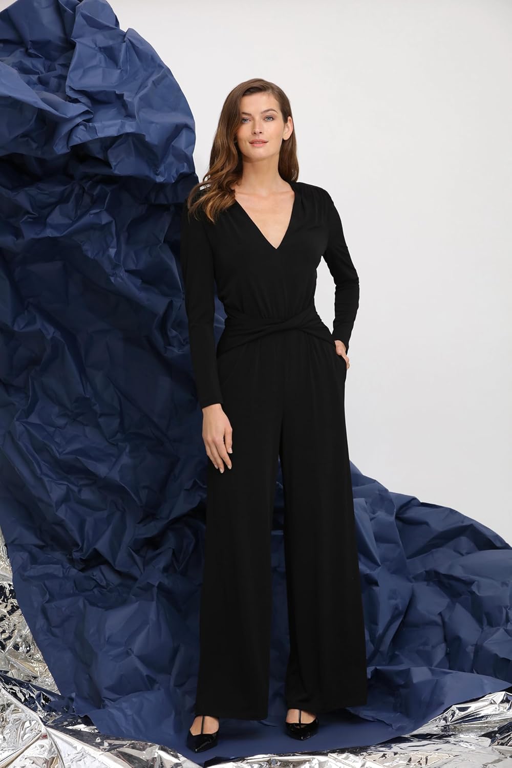 Maggy London womens Draped Twist Waist V- Neck Long Sleeve Jumpsuit - Image 6