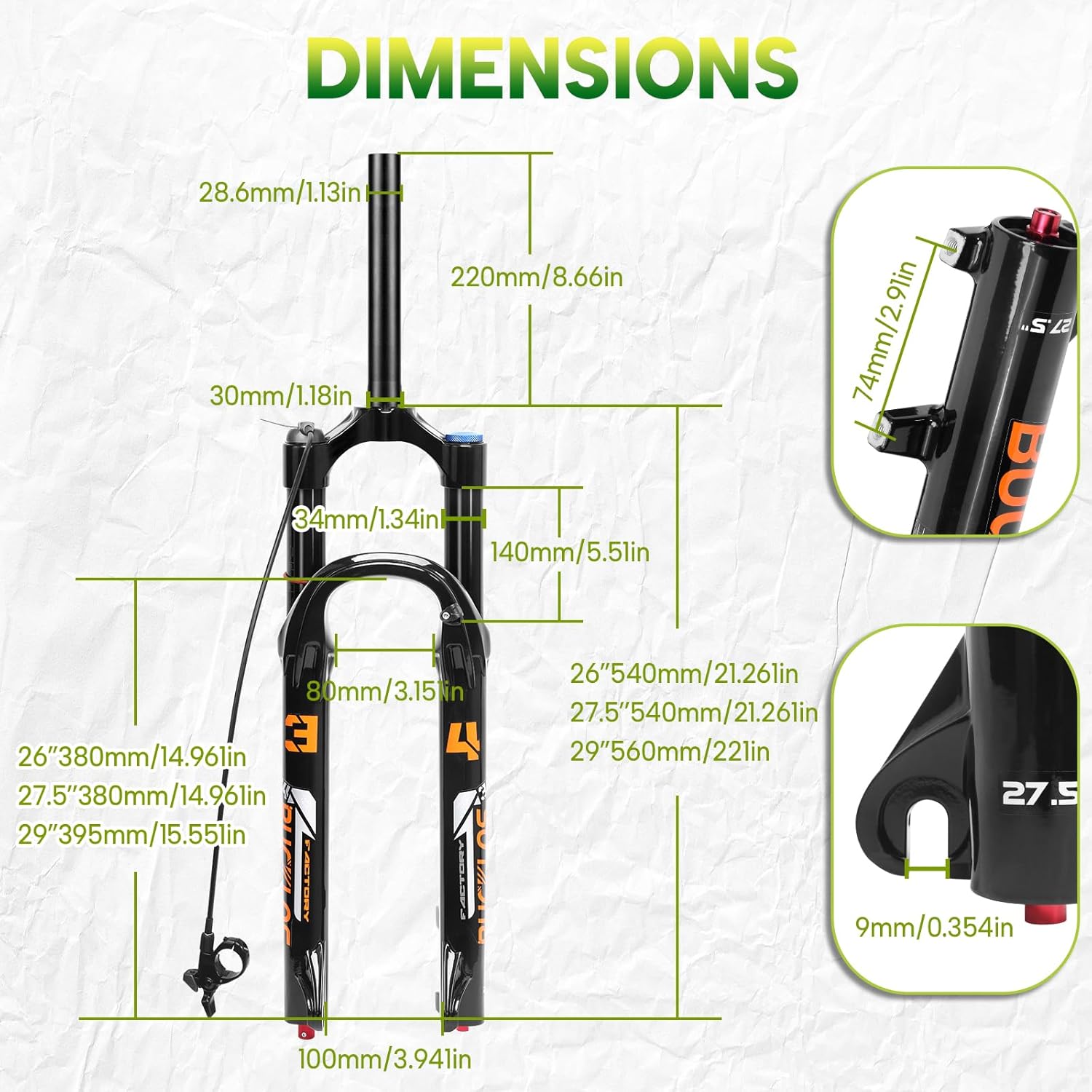 BUCKLOS 26/27.5/29 inch Travel 140mm MTB Air Suspension Fork, Rebound Adjustment 34mm Stanchions 1-1/8" Threadless Straight/Tapered 9*100mm QR Manual/Remote Lockout XC AM Mountain Bicycle Front Forks