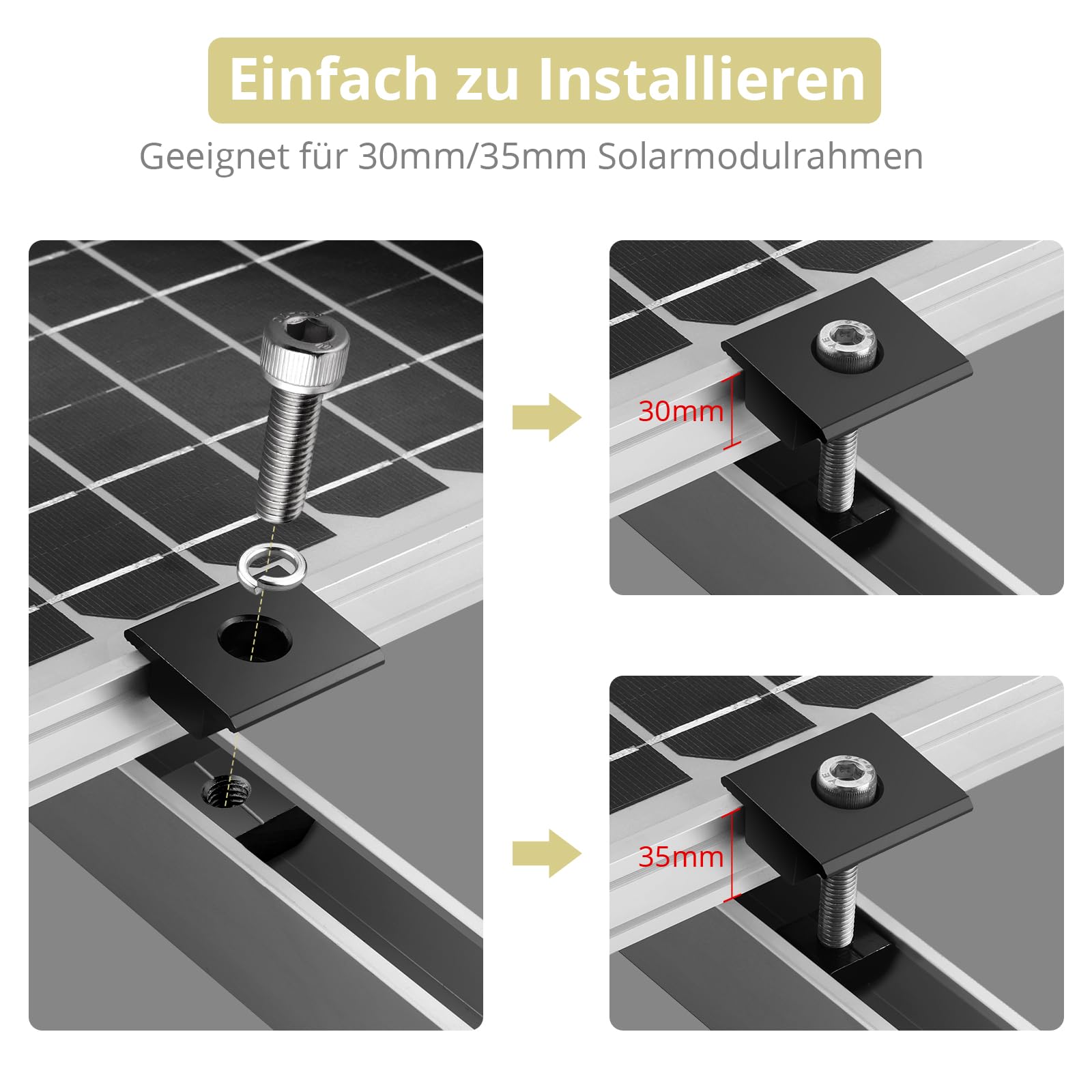 Anbte 10 Stück Mittelklemmen 30mm/35mm T-förmige Aluminiumlegierung Solarmodul Halterungen Kit inkl. 10pcs Schrauben M8*49mm Photovoltaik Solarpanel Montage Befestigungszubehör (Schwarz)