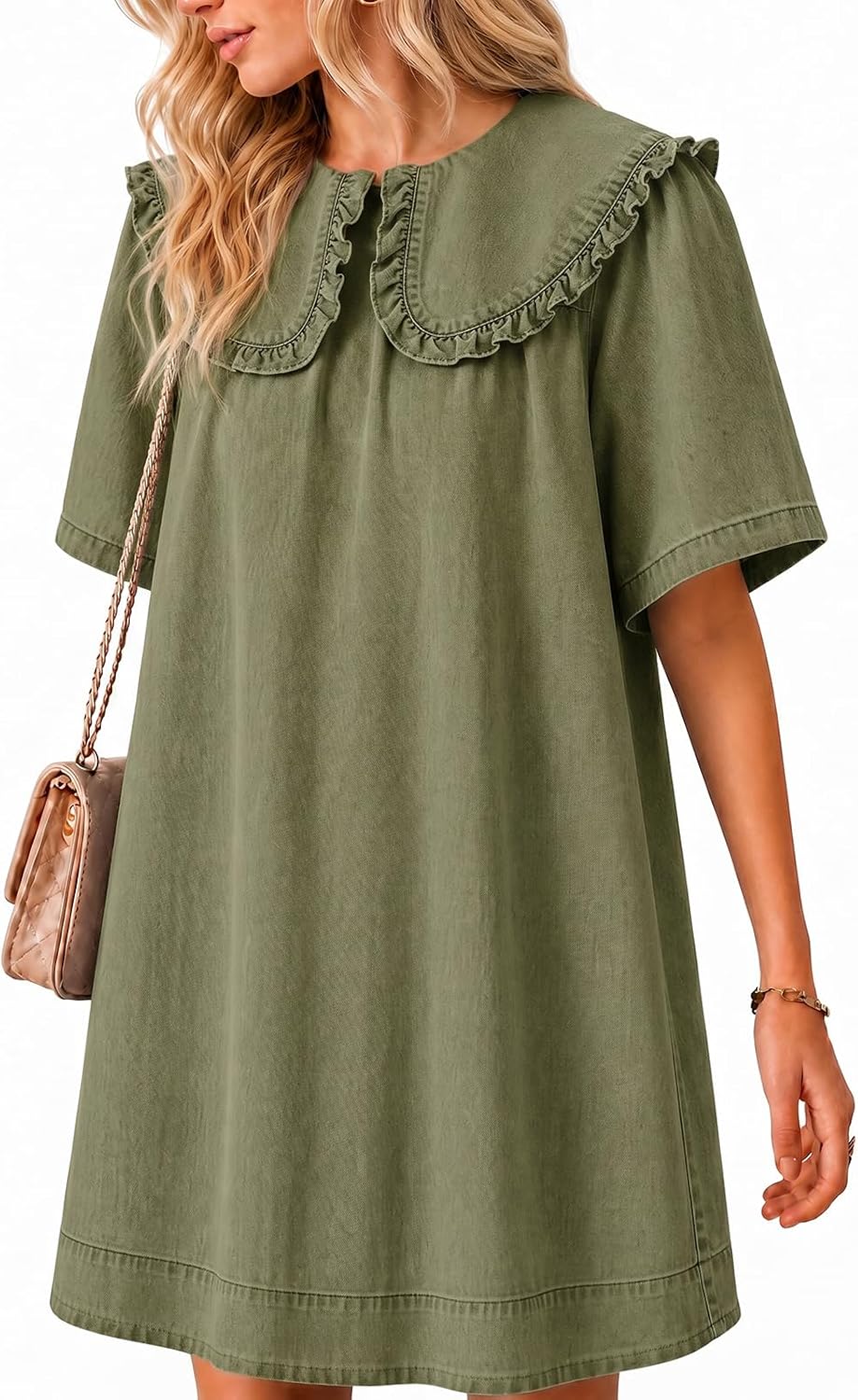 Wenrine Womens Summer Denim Mini Dress Oversized Peter Pan Collar Short Sleeve Casual Flowy Babydoll Jean Dresses