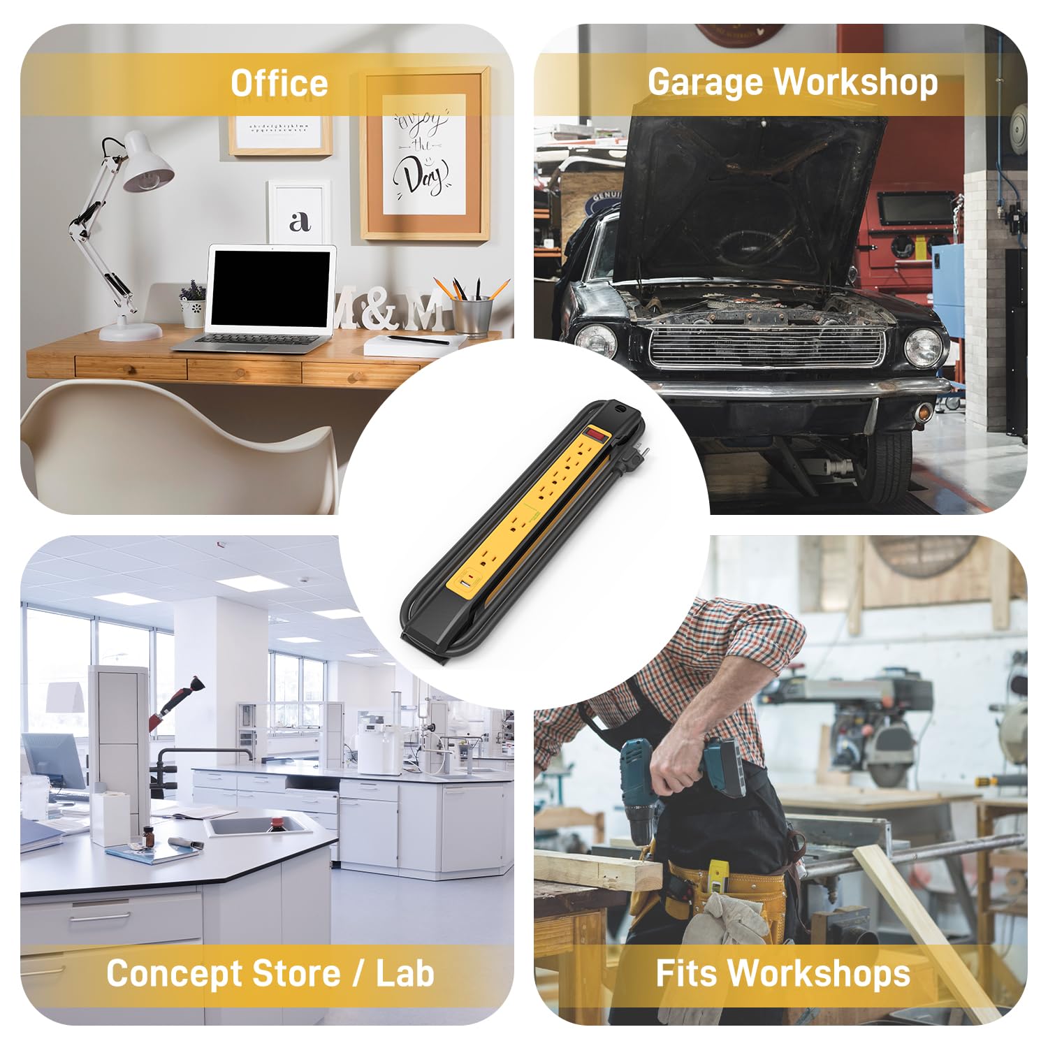 Multipresa industriale con 4 uscite + 2 uscite + 1 USB, cavo da 1,8 m, protezione da sovraccarico, design montabile per ufficio/officina, 14AWG