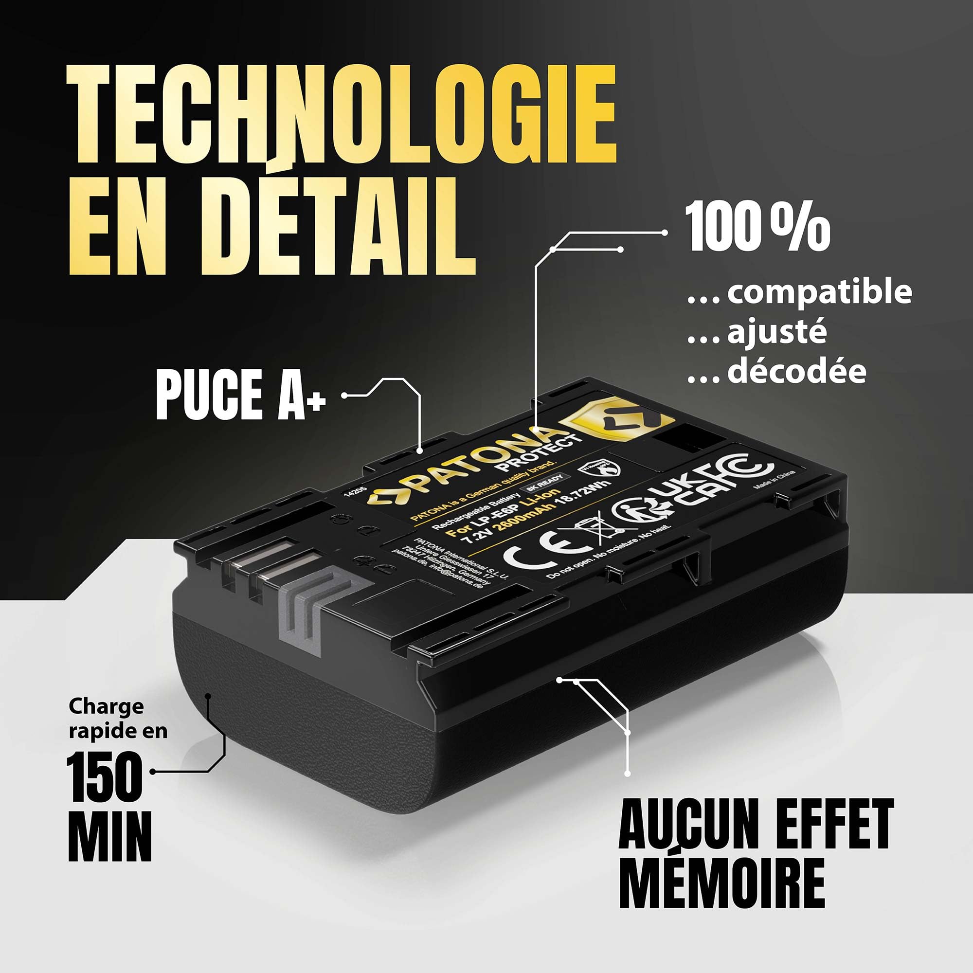 PATONA Protect Batterie pour Canon LP-E6P/E6NH/E6N/E6 2600mAh 6A 8K-fähig