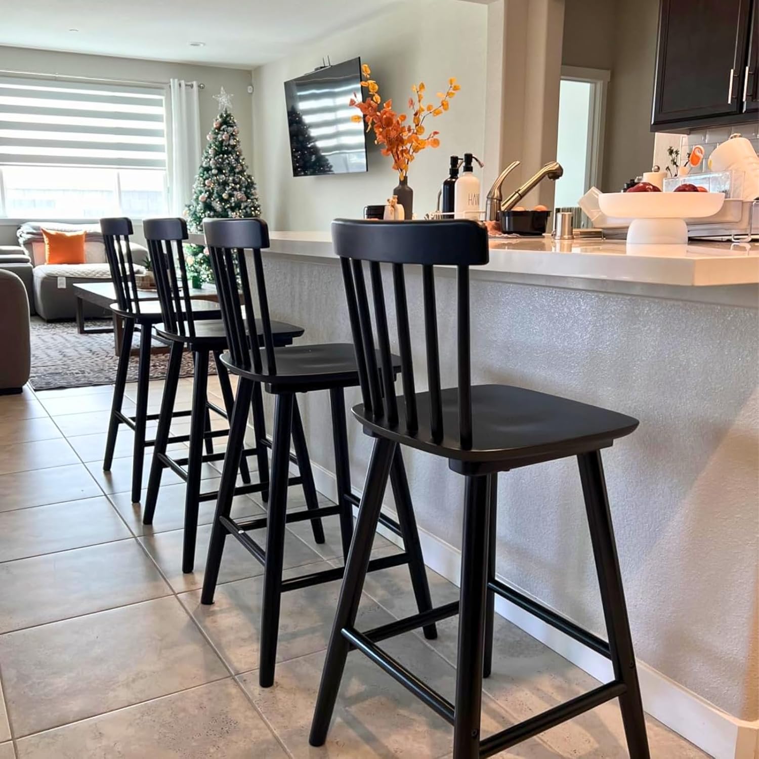 chairus 26" Black Windsor Counter Height Bar Stools Set of 6, Farmhouse Wooden Counter Stools with Spindle Back, Modern Rustic Kitchen Island Bar Chairs