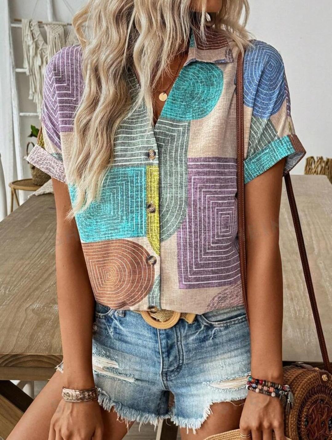 Gufrina Women's Colorful Abstract Geometric Print Shirt, Half Sleeve, Collar Neck, Casual Button-Up Top, Rayon Fabric (Beige XXL)