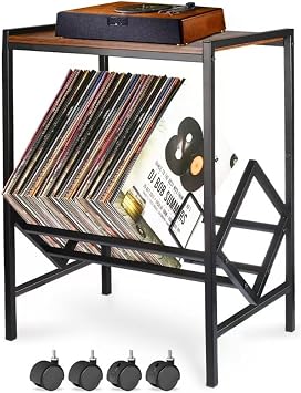 WGM Record Rack Record Player Stand Holds Up to 80 Albums Turntable Stand with Matte Black Metal Legs for Record Player Table Living Room Bedroom Office 45*32*69cm