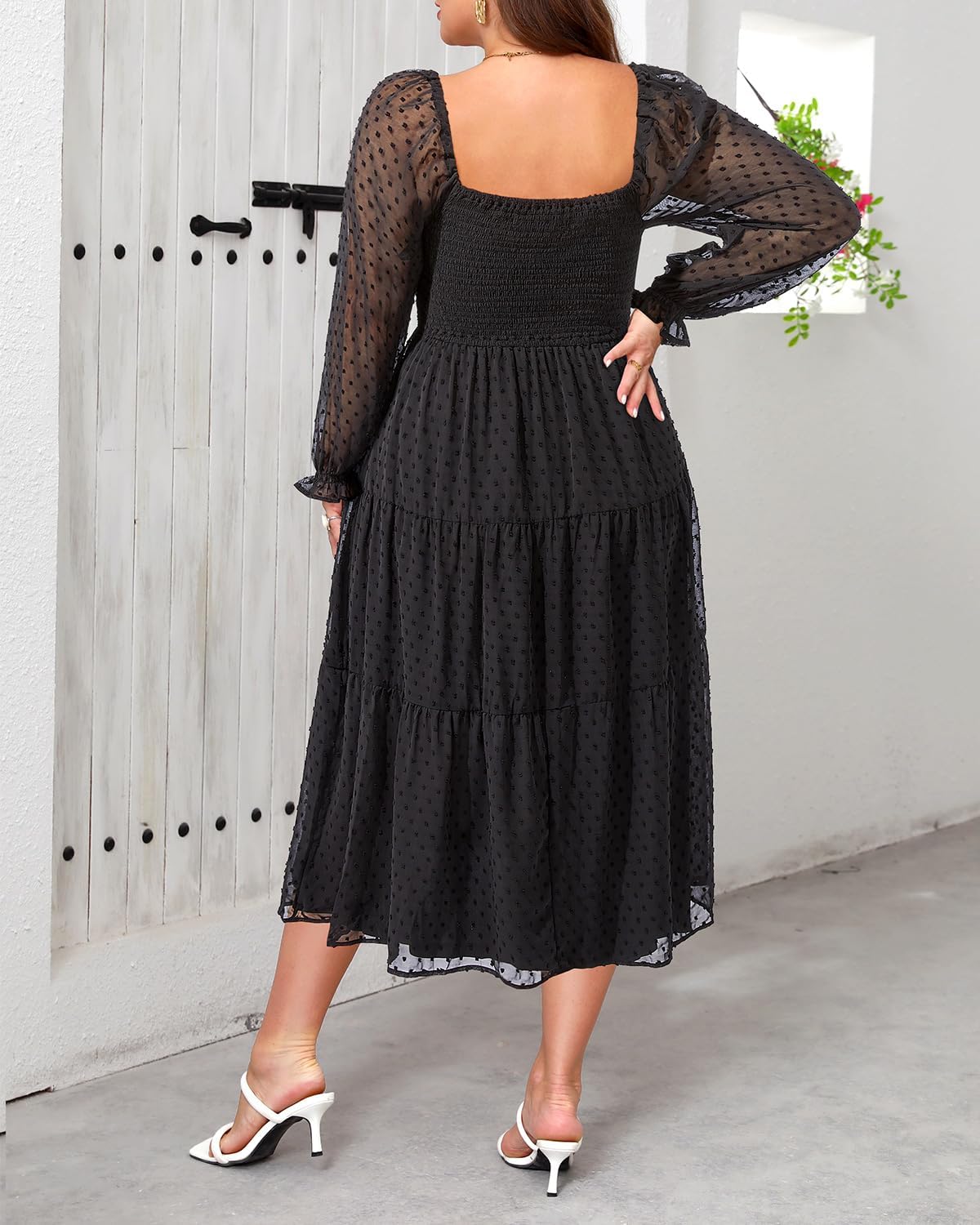 Women's Puff Sleeve Square Neck Mini Summer Sundress Chiffon Swiss Dot Flowy Smocked Dress - Image 2