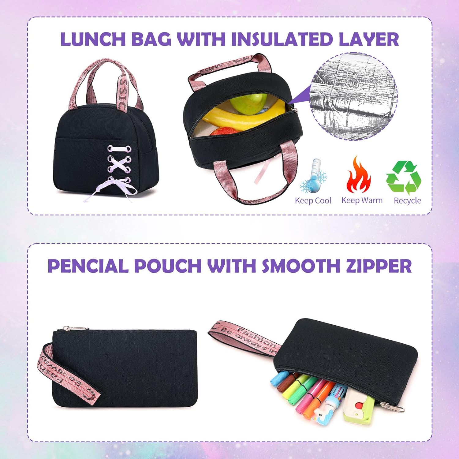 Backpacks for Girls, Girls Backpack with Lunch Box and Pencil Case for Teen Kids Elementary Middle High School College Student, Children Backpack Bookbag with USB Charging Port (Black Purple) - Image 6