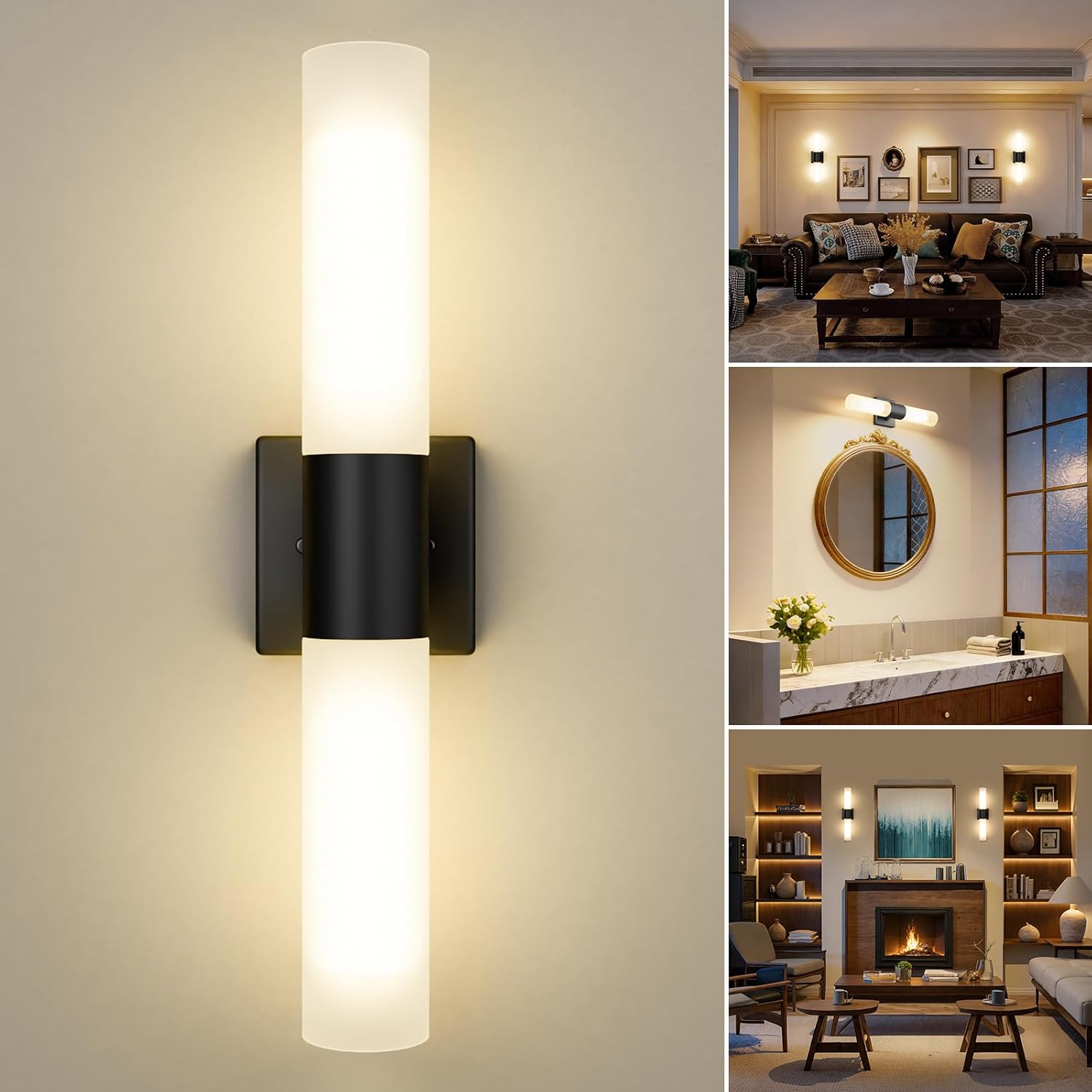 Kalium Bathroom Wall Sconce Fixture, 21 Inch Modern Vanity Lights with Frosted Glass Shade, Indoor Sconces Lighting Wall Decor Lamps for Bathrooms Living Room Stairs Bedroom (Black)