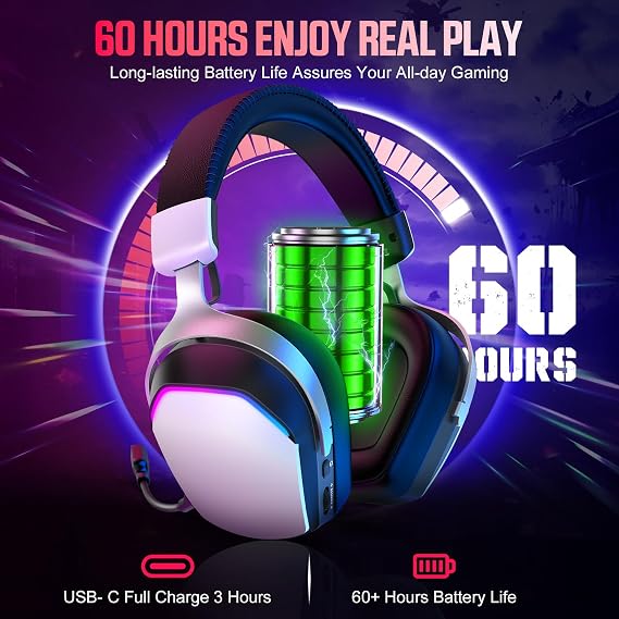 RGB Wireless Gaming Headset with 60H Playtime, 7.1 Surround Sound & Noise-Cancelling Mic - Compatible with PS5/PC/Xbox - Over-Ear Comfort Design