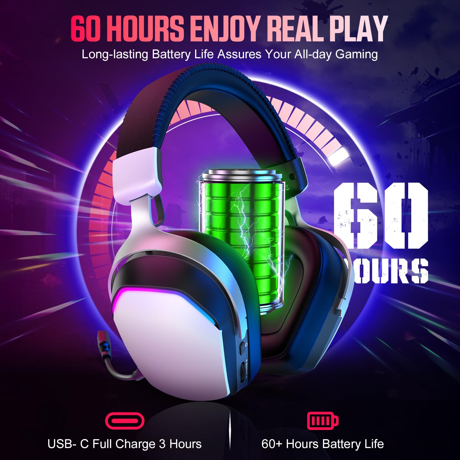 Wireless Gaming Headset for PS5 PS4 PC Mac Switch, RGB Headphones with 7.1 Surround Sound, Bluetooth 5.4, 60H Battery, Noise Canceling Mic & 50mm Drivers - 2