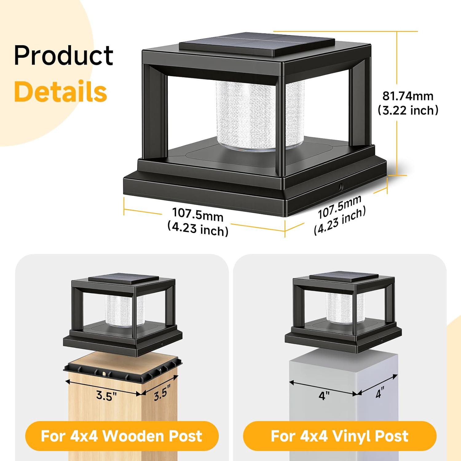 FOLKSMATE Solar Post Cap Lights 12 Pack, 2 Lighting Modes Cool/Warm White Outdoor Solar Powered, Waterproof Fence Deck Lights for 4×4 3.5×3.5 Wood Vinyl Posts, for Garden Patio Porch Decor, Black