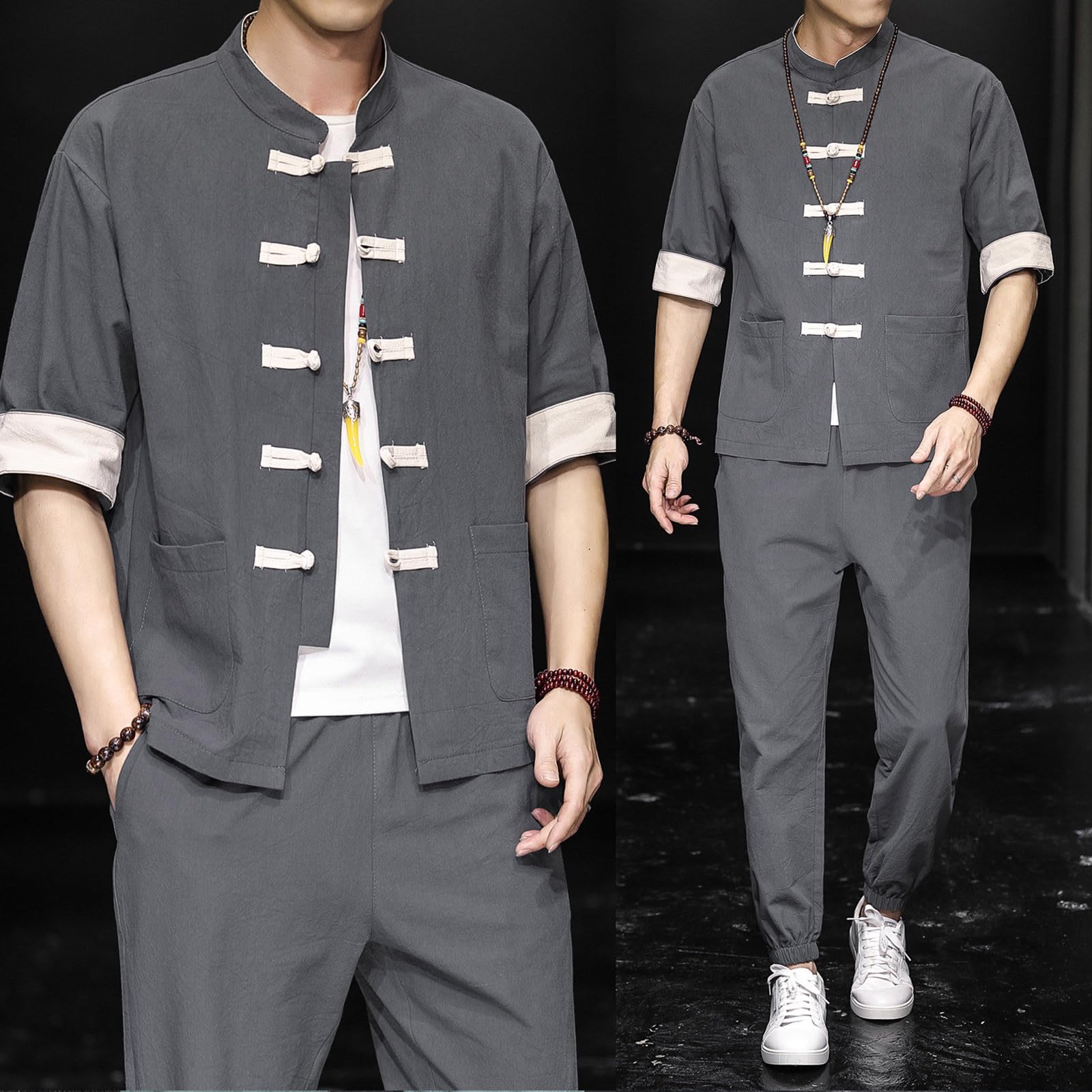 Tuta Tang Uomo Tradizionale Cinese Abbigliamento Arti Marziali Kung Fu Cotone Lino Tai Chi Uniform Kung Fu Vestito Tradizionale Costume Hanfu Camicia Lunga Cappotto Top e Pantaloni