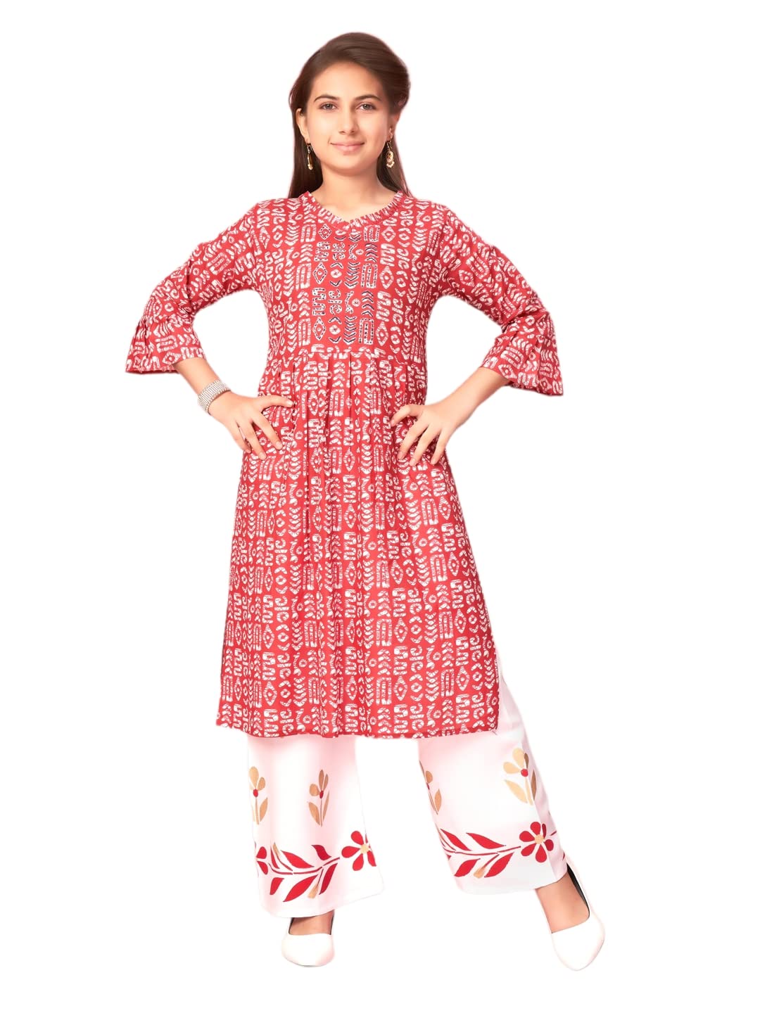 Aarika Girls Maroon-White Colour Cotton Printed Kurti Palazzo Set (Pl-K-548-Maroon-White-40)