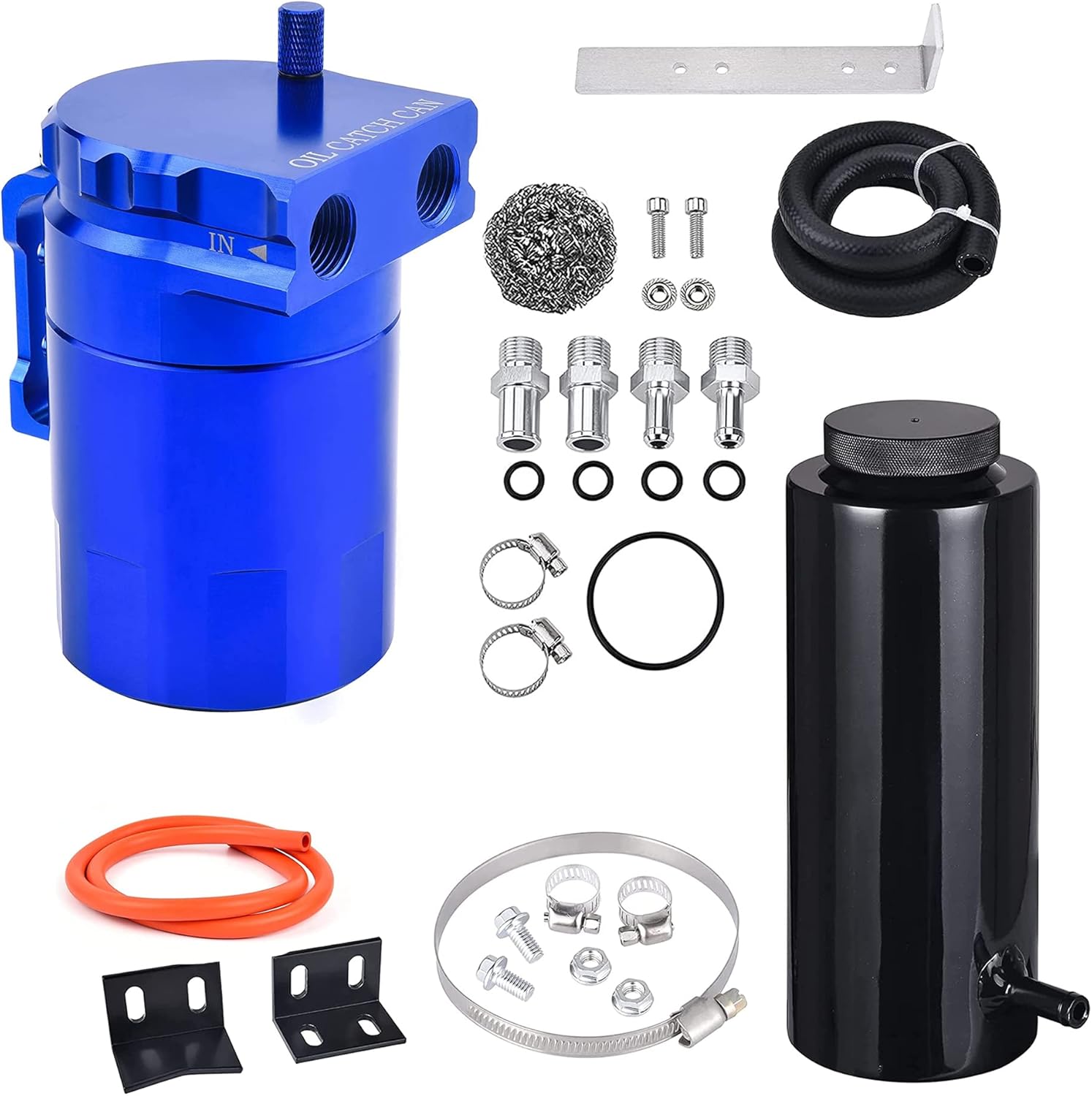 EVIL ENERGY Baffled Oil Catch Can 300ML Blue Bundle with 800ML Overflow Tank Black