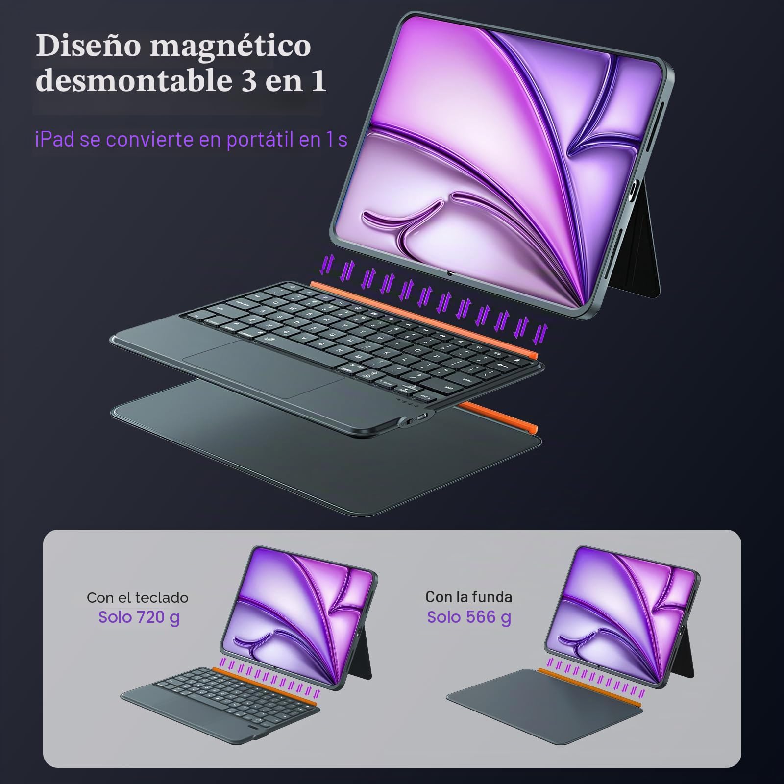 Funda con Teclado para iPad Air 13 Pulgadas (M4/M3/M2, 2026/2025/2024), Teclado Inalámbrico para iPad Pro 12,9 6ª/5ª/4ª/3ª, Desmontable Magnéticamente, Trackpad, Retroiluminación en 7 Colores (Gris)