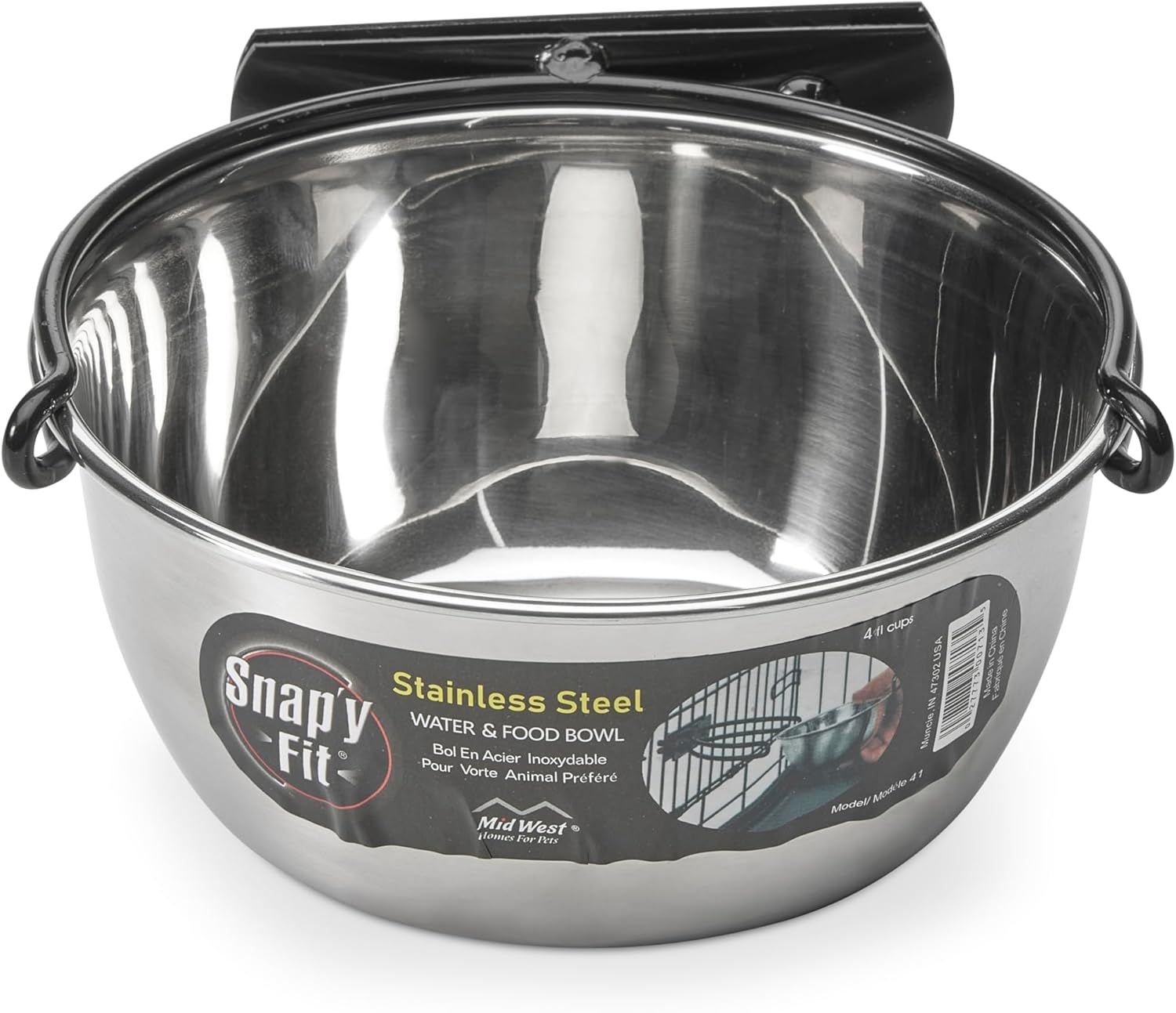 MidWest Homes for Pets Snap’y Fit Stainless Steel Food or Water Bowl, Holds 1 Quart, Mounts to Wire Crates, No-Tip Design, Rust-Resistant, for Dogs and Cats