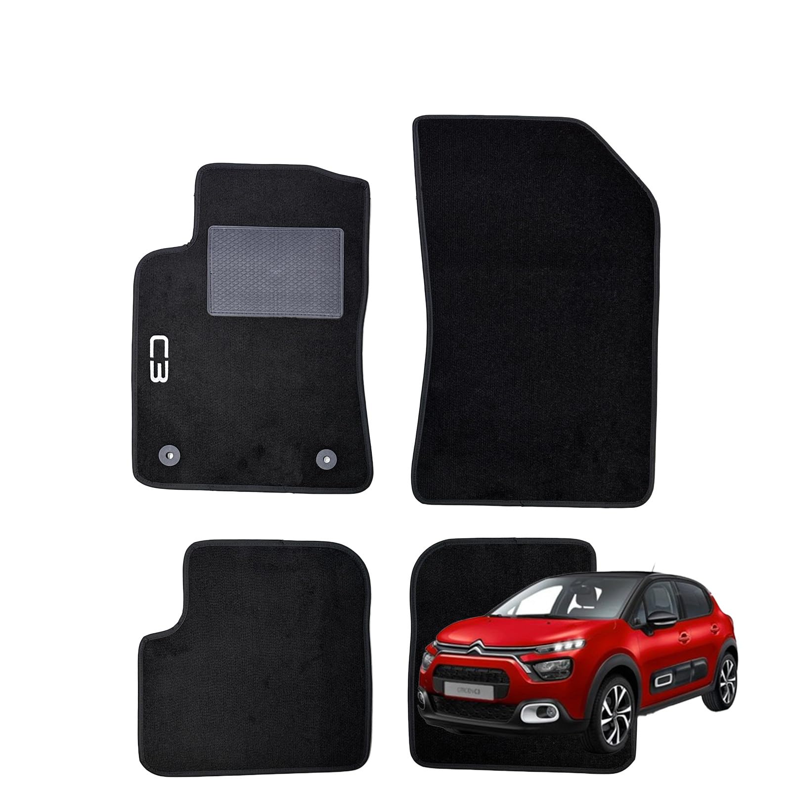 Tappetini Auto Per Citroën C3 III Dal 2016 - Set 4 Pezzi In Moquette Nera, Con Battitacco Cucito E Antiscivolo - Foto 10