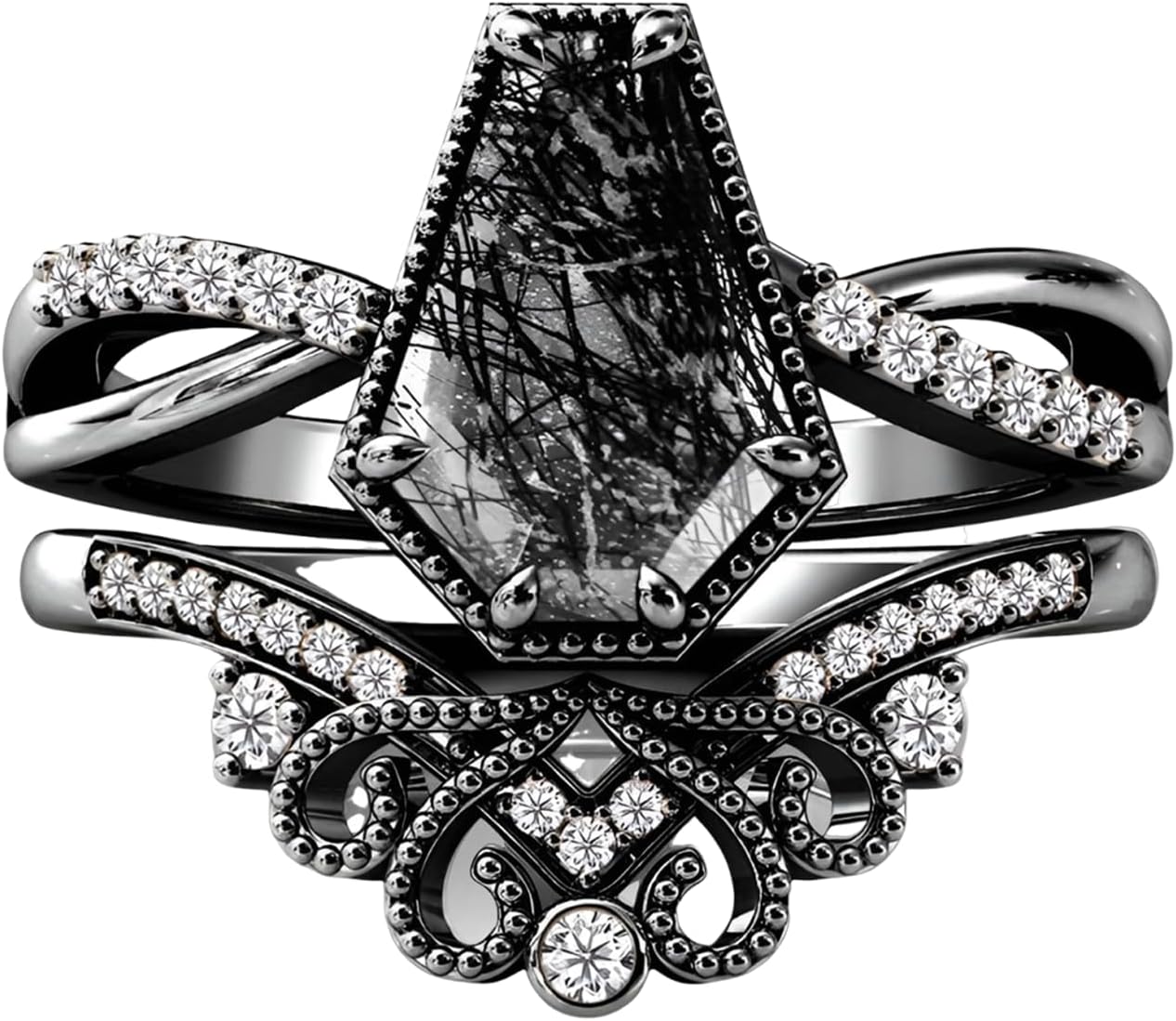 AAA Nature Black Rutilated Quartz Rings Set for Women 10K 14K 18K Gold Vintage Gemstone Nature Black Rutilated Quartz 2Pcs Ring Wedding Band with Gift Box