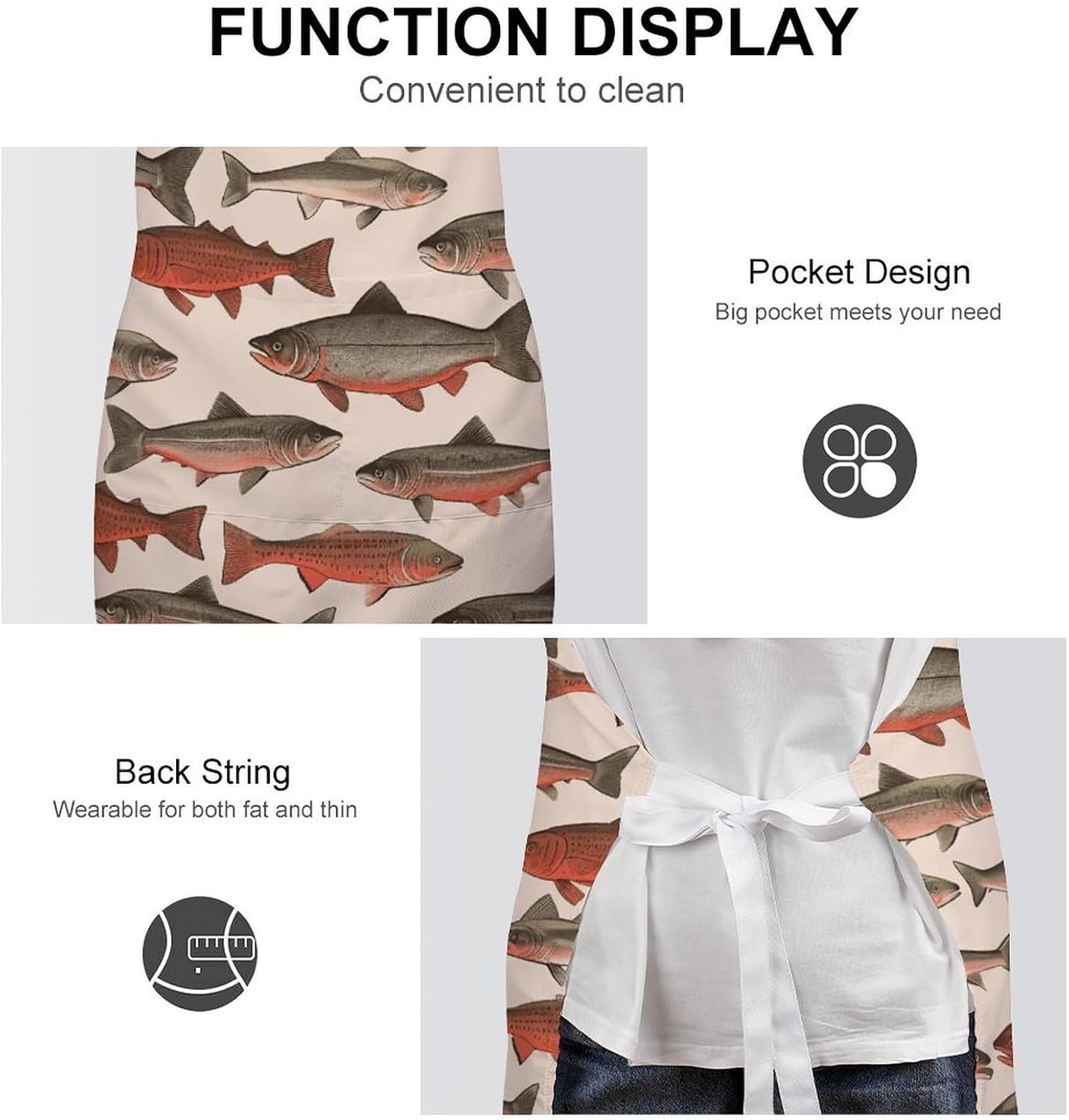 Salmon Apron Adjustable Chef Apron with Pocket for Men Women Waterproof Bib Apron Durable Cooking Apron for BBQ Baking Kitchen Cooking Apron