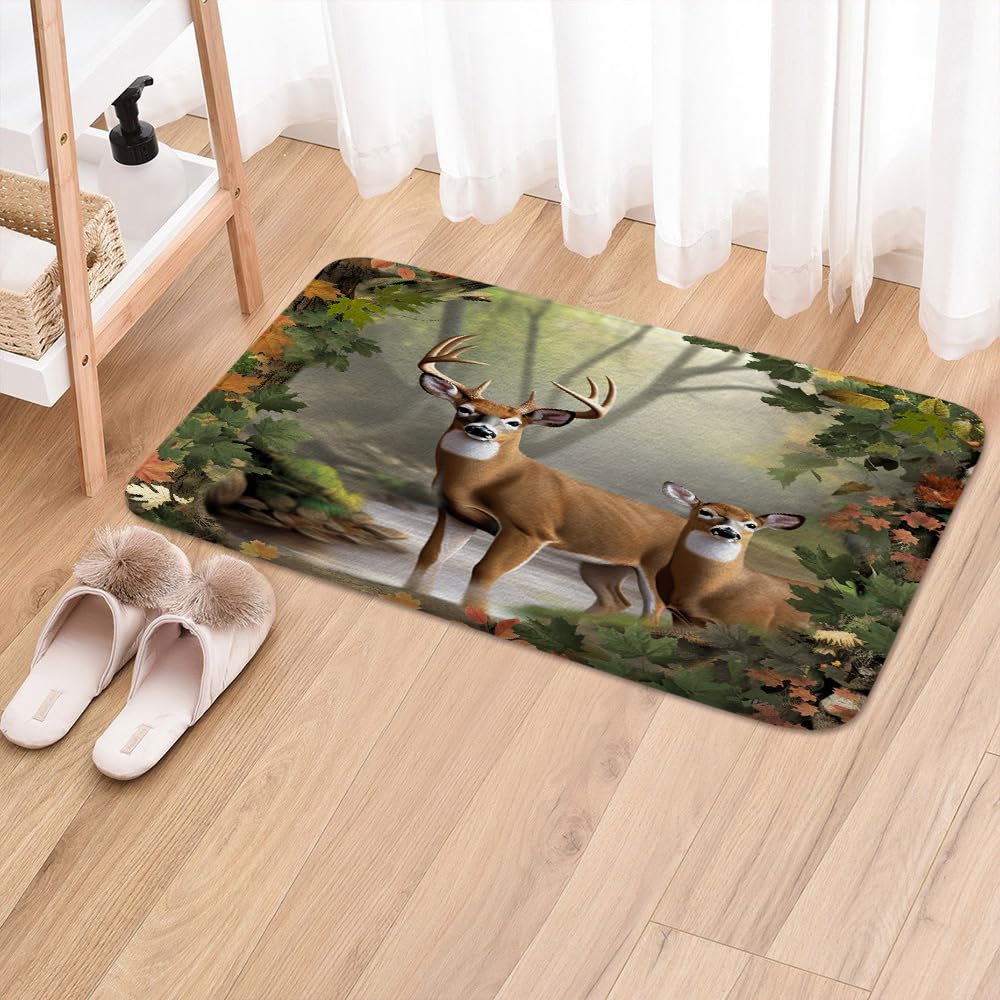 JAWO Camo Hunting Bath Mat, White-Tailed Deer in The Foggy Forest Non-Slip Bathroom Rug, Deer Mat 17X29 inches