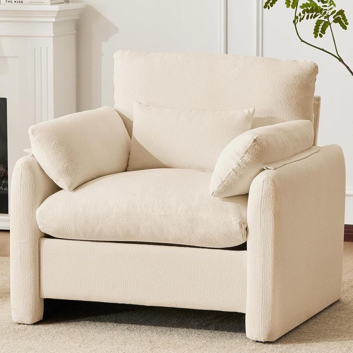 Extra-Grand Poltrona Salotto, 93.5cm Divano Singolo Poltrone Camera da Letto con Braccioli Rimovibili e Cuscino, Poltrona Imbottita Relax per Salotto Soggiorno Camera da Letto, Beige