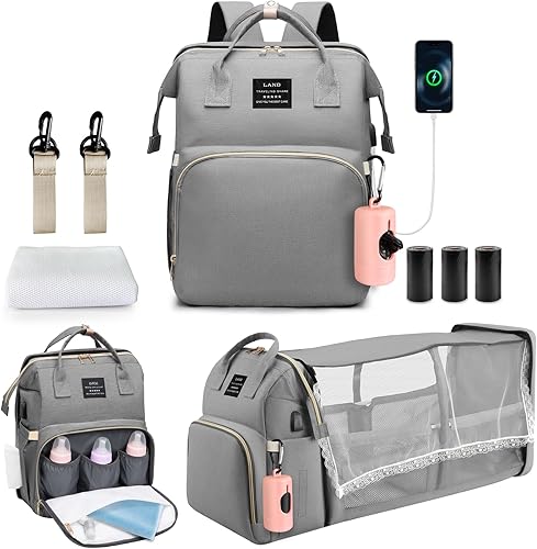 juman Mochila para pañales, bolsa de pañales grande con cambiador, bolsa de bebé con puerto de carga USB, 3 rollos de bolsas de basura con