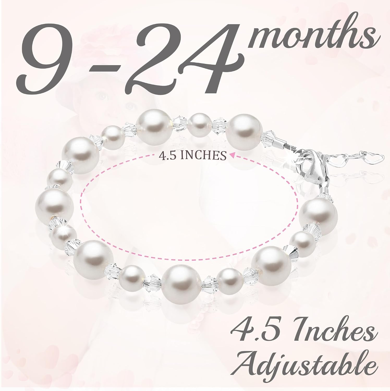 Baby Crystals Baby Girl Bracelets for Girls – Sterling Silver with White Simulated Pearls & Crystals, Sizes for Newborn, Infant & Toddler, Safe Keepsake Jewelry Gift