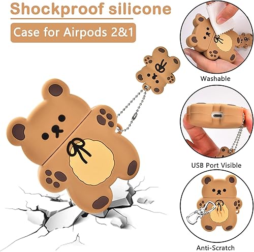Miniatura 5 de Lindas fundas para AirPods con llavero de oso de dibujos animados, diseño de oso de galleta, funda de silicona protectora completa compatible con