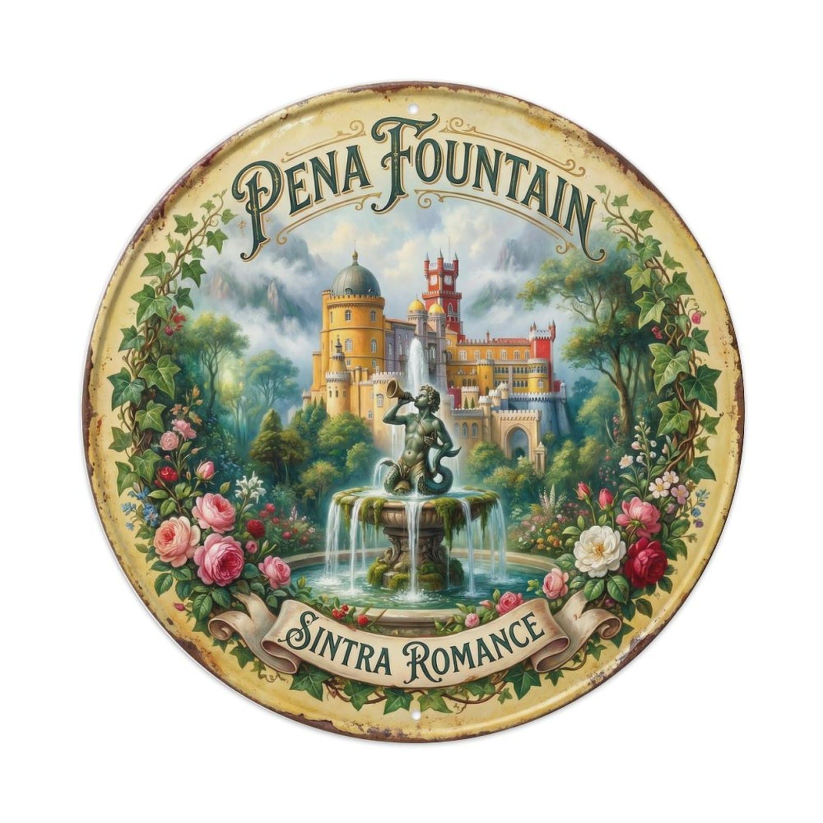 Vintage Travel Pena Fountain Sintra Romance Metal Tin Sign