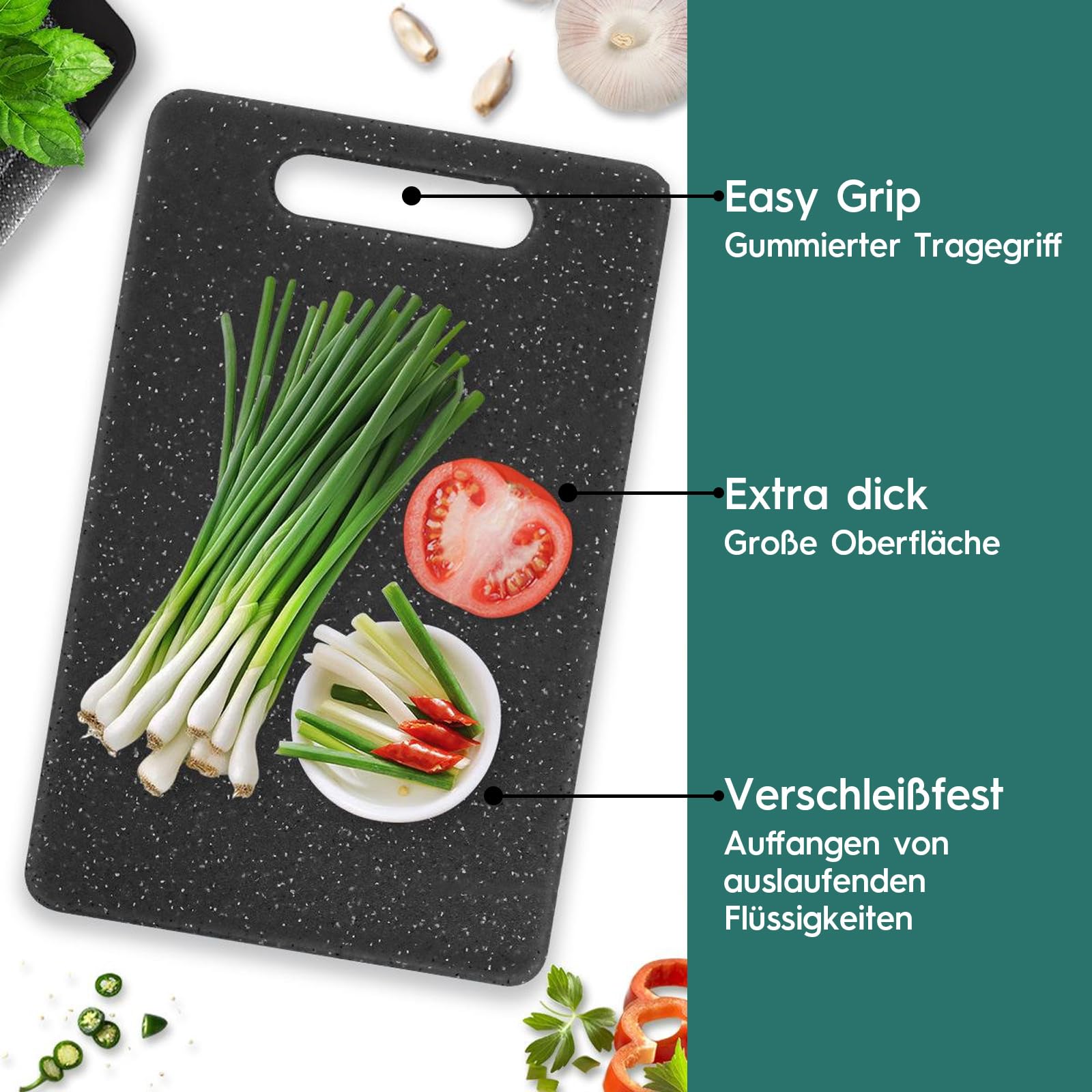 HSYTEK 2-delig snijplankset, kunststof, 2 maten snijplank met antislip handgreep, zwart snijplank, snijplank zwart voor groenten, fruit, vlees