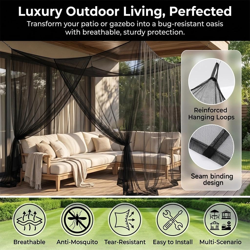 Moustiquaire Extérieur Moustiquaire XXL Jardin de Lit Double, Carrée Moustiquaire Intérieur pour Balcons, Pergolas, Piscines, Patios, Jardins et Camping (Noir 2 Portes, 2.2x2x2.4)