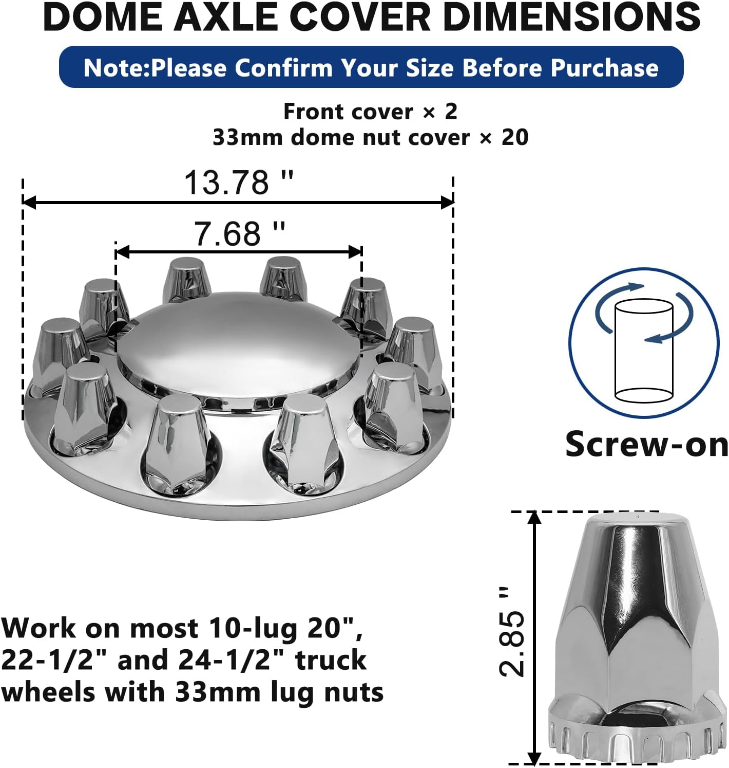 Chrome ABS Complete Axle Wheel Cover Set with Standard Hub Caps and 33mm Thread-On Dome Lug Nut Covers (2 Front)