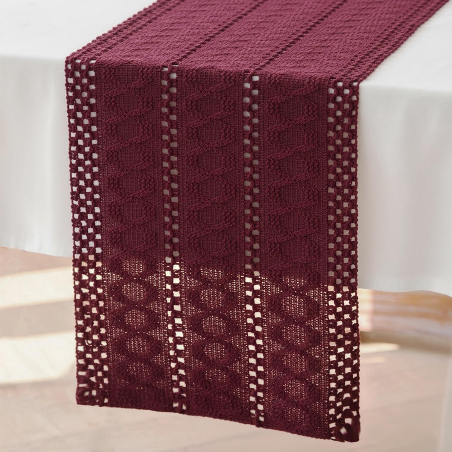Brylleii Burgundy Red Table Runner Crochet Boho Macrame Decorative Table Runner Modern 30 x 183 cm Spring Cotton Tablecloth Linen Country House Style Washable Table Runner Slim for Wedding Table