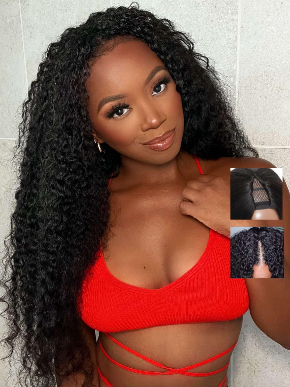 Beauty Forever V Part Wig Human Hair Kinky Curly EasiContour Vpart Wigs No Leave Out Glueless Upgraded U Part Wigs for Women None Lace Front Wigs Natural Color 180% Density 14inch