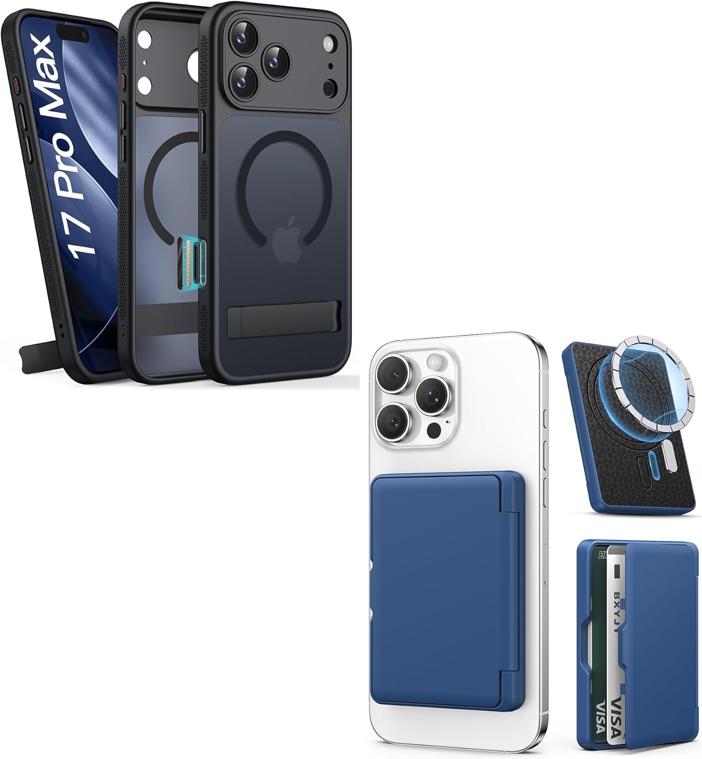 for iPhone 17 Pro Max Magnetic Stand Case with Blue Magnetic Wallet, Camera Control Button, Full Lens Protection, Compatible with MagSafe, Military Grade Case for iPhone 17 Pro Max, Black
